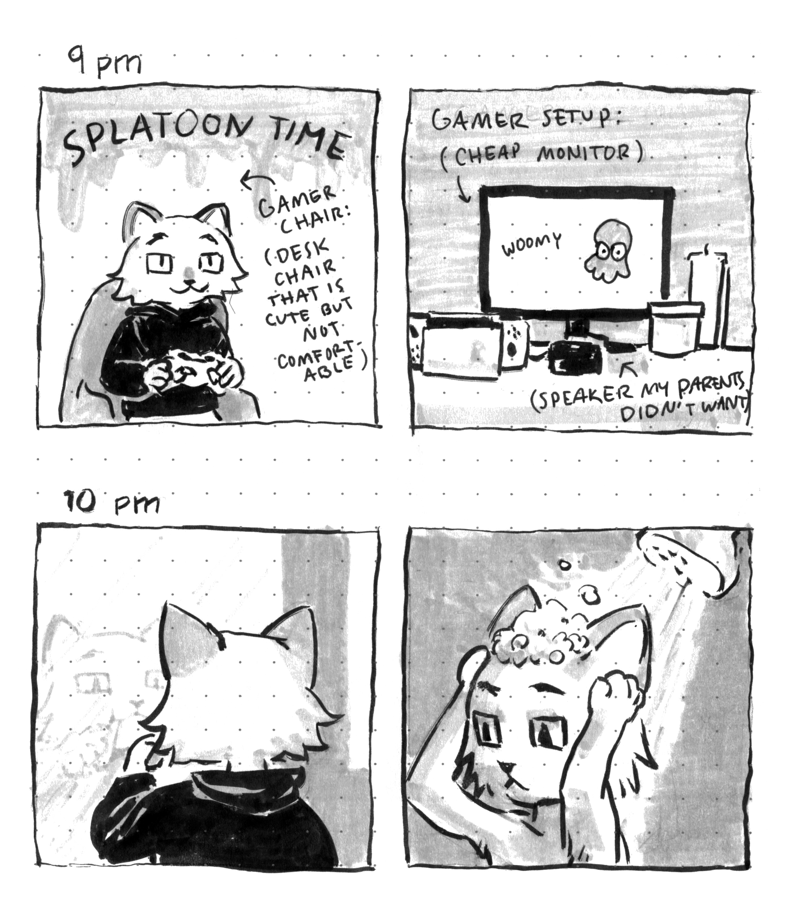 '9pm: Splatoon Time' playing video games, labels 'gamer chair: (desk chair that is cute but not comfortable) / gamer setup: (cheap monitor) (speaker my parents didn't want). '10pm' brushing teeth and taking a shower