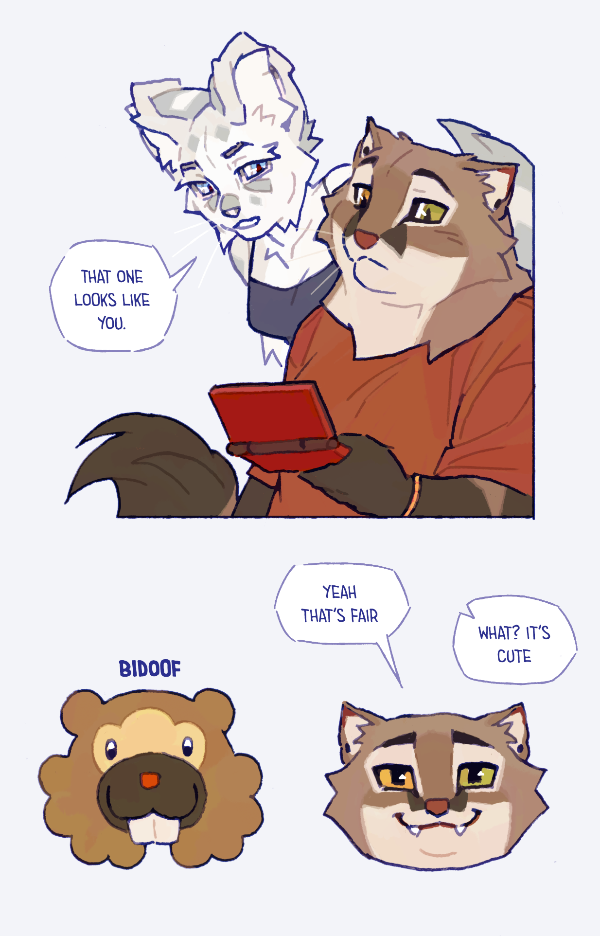Top: Comic panel of Cameron leaning over to look at the DS; Cameron: 'That one looks like you.' Bottom: Image of Bidoof next to an image of Ari; Ari: 'Yeah that's fair'; Cameron (offscreen): 'What? It's cute'