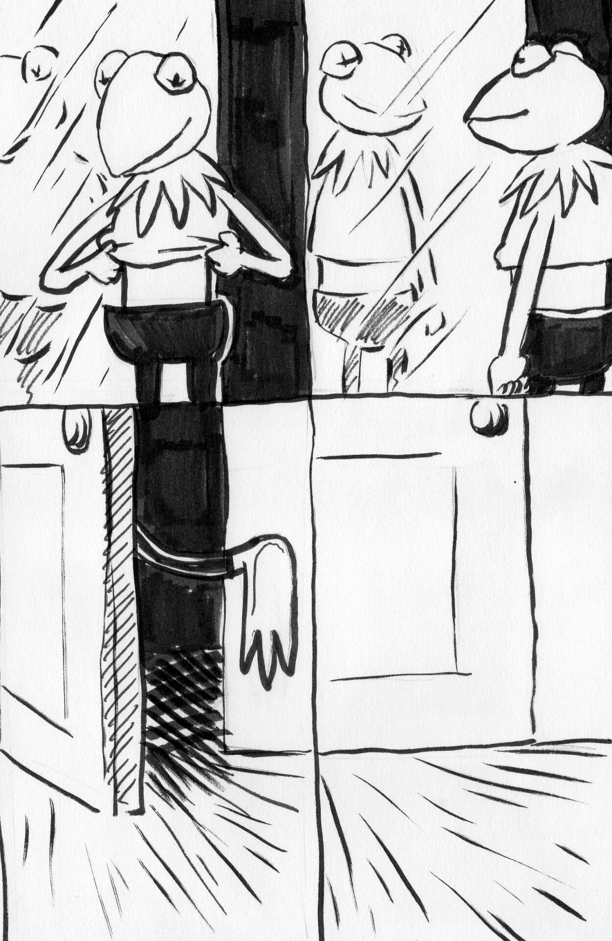 He pulls up the puppet skin to reveal his midriff.