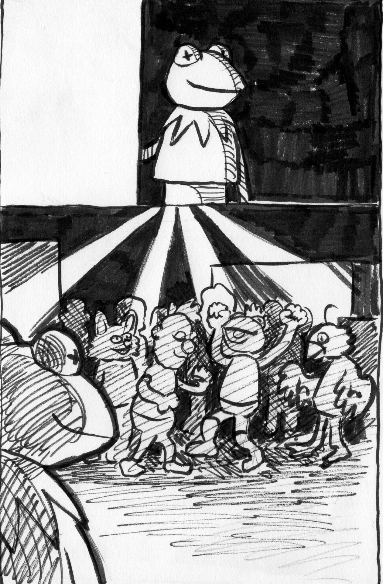 Kermit enters a dark club where many muppet are dancing.