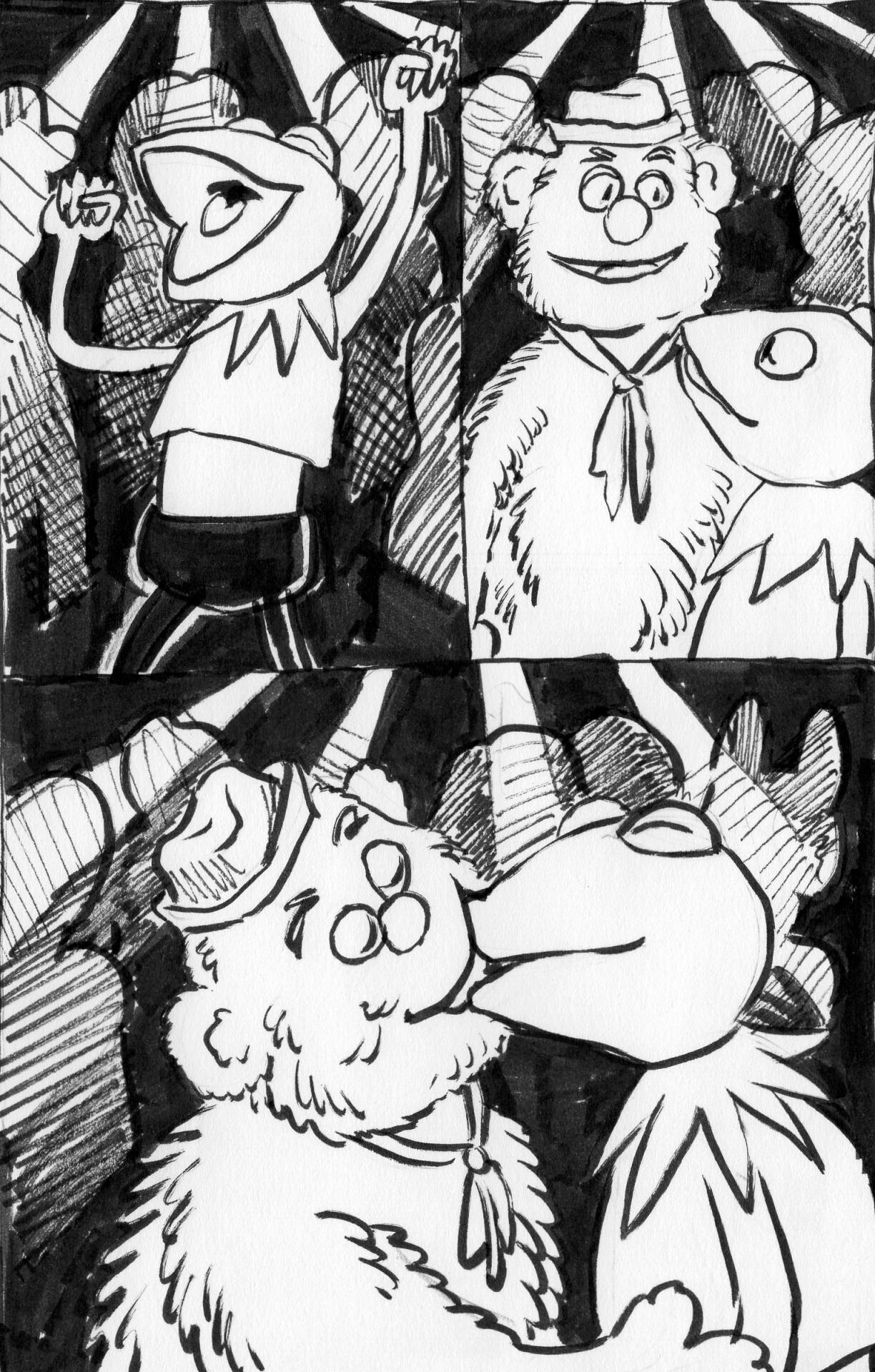 Kermit meets Fozzie Bear and they dance together and kiss.