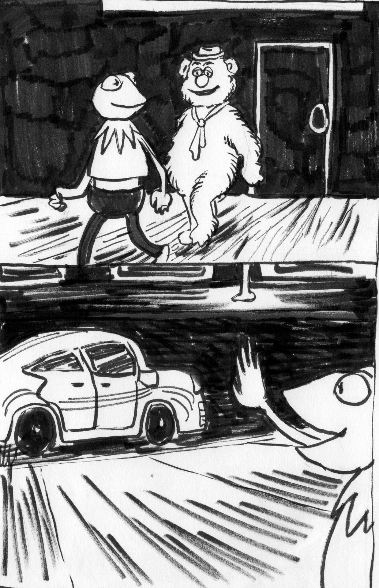 Kermit and Fozzie leave the club and hail a cab.