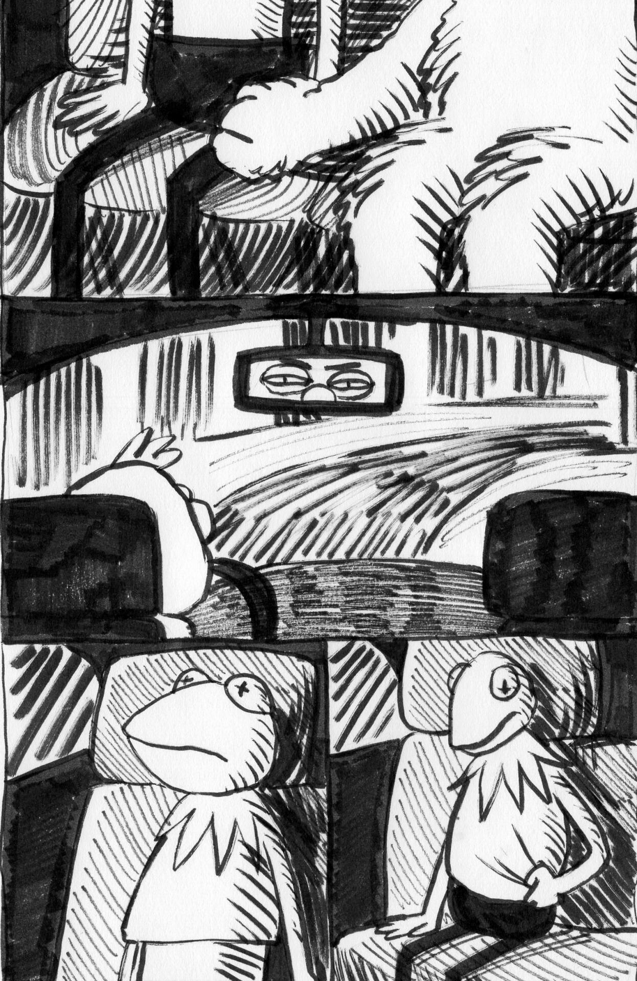 Fozzie touches Kermit's thigh in the back of the cab, while the driver looks at them suspiciously in the mirror. Kermit pulls down his puppet skin.