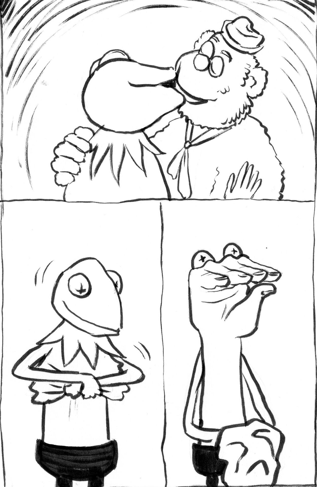 Kermit and Fozzie kiss, and Kermit removes the puppet skin to reveal the hand underneath.
