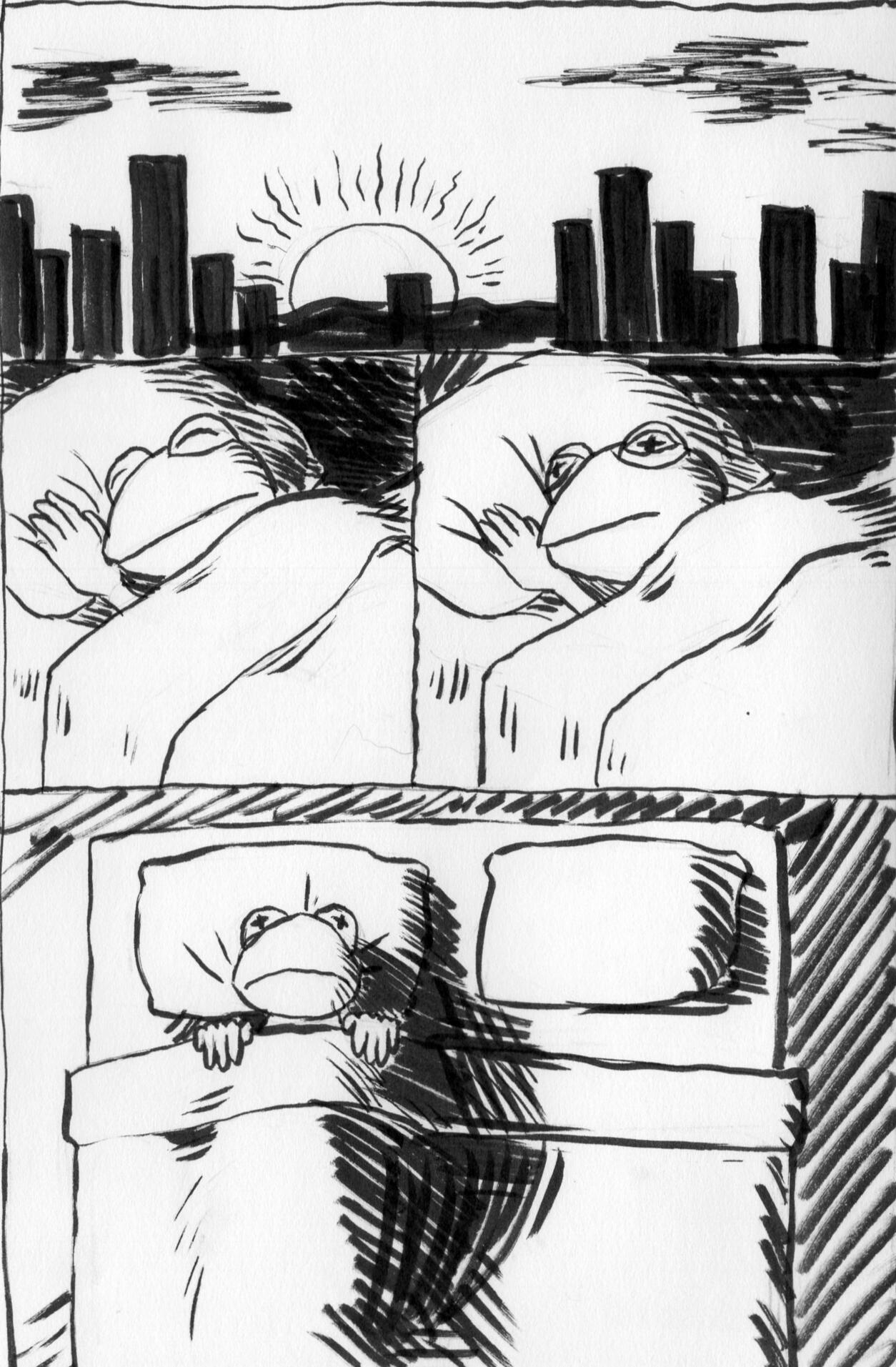 The sun rises and Kermit the Frog wakes up and lies in bed.