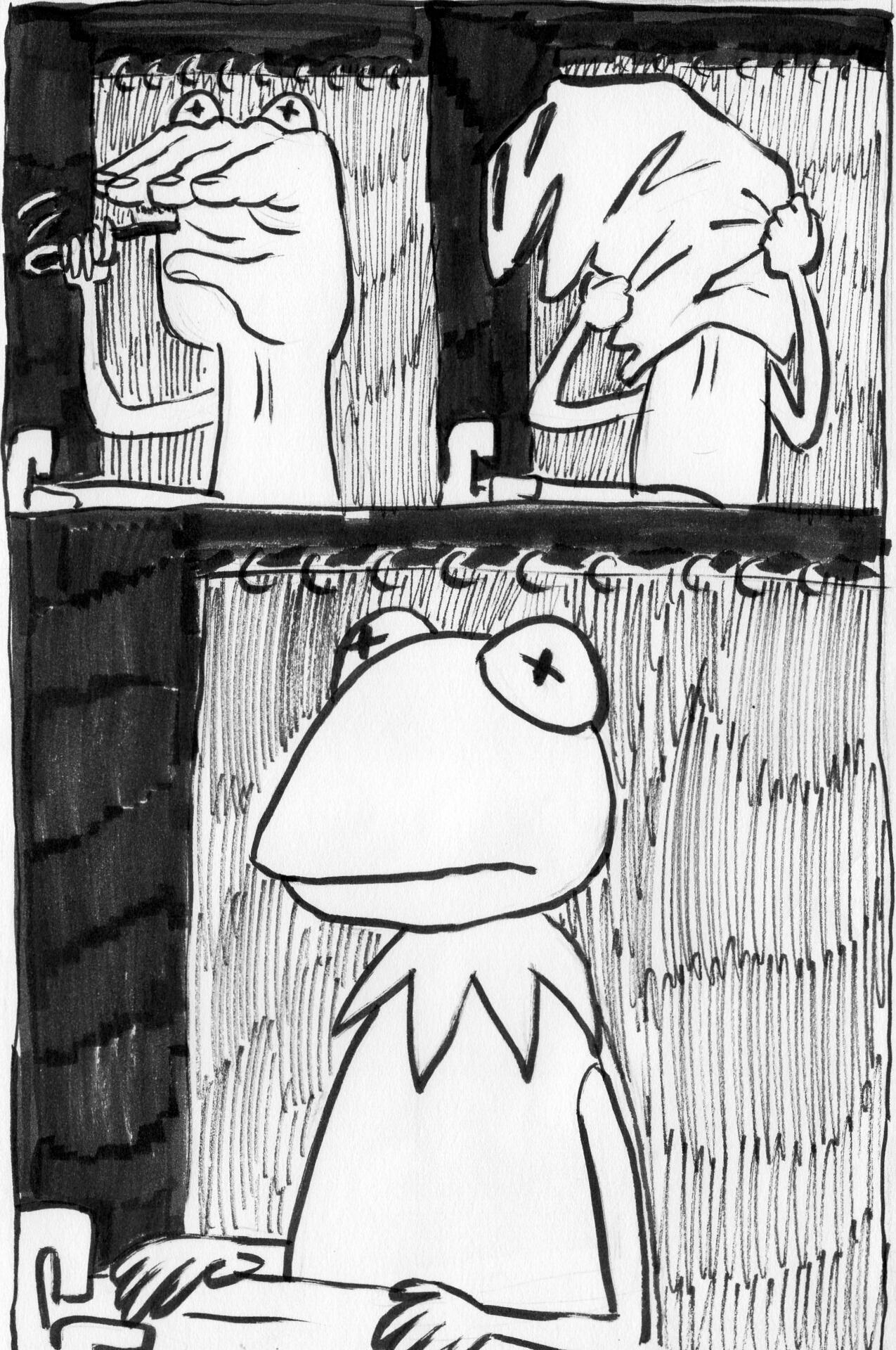 He brushes his teeth and puts the puppet head back on.