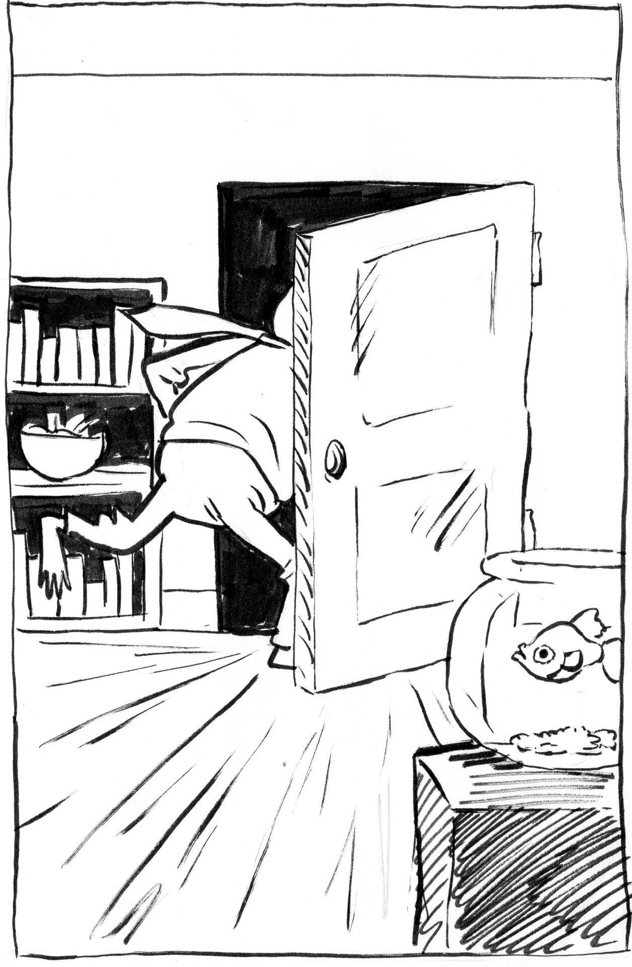 He leaves through the front door.