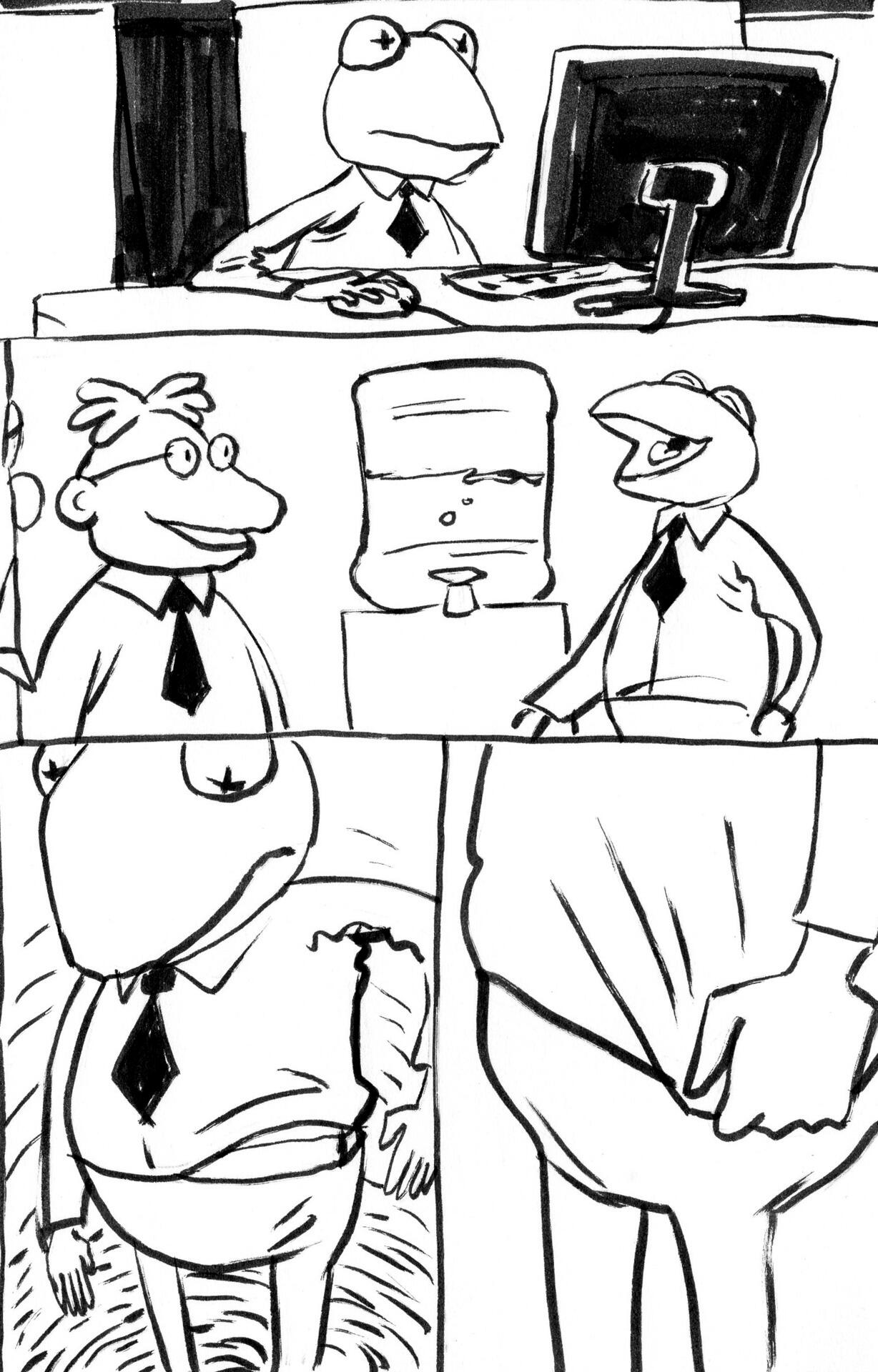 Kermit is at work, talking to Scooter at the water cooler, and pulls the puppet skin down when it slips.