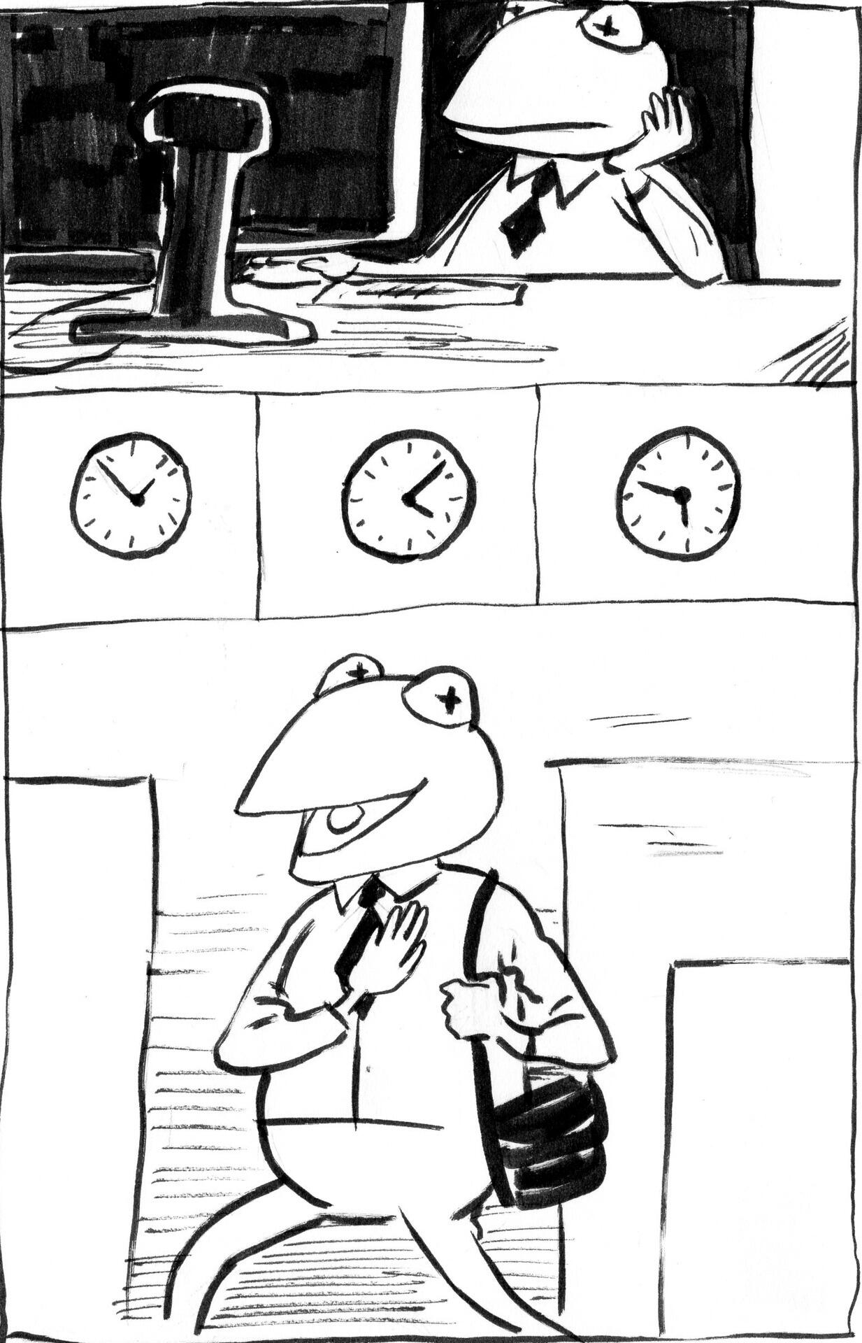 He works until evening and leaves.