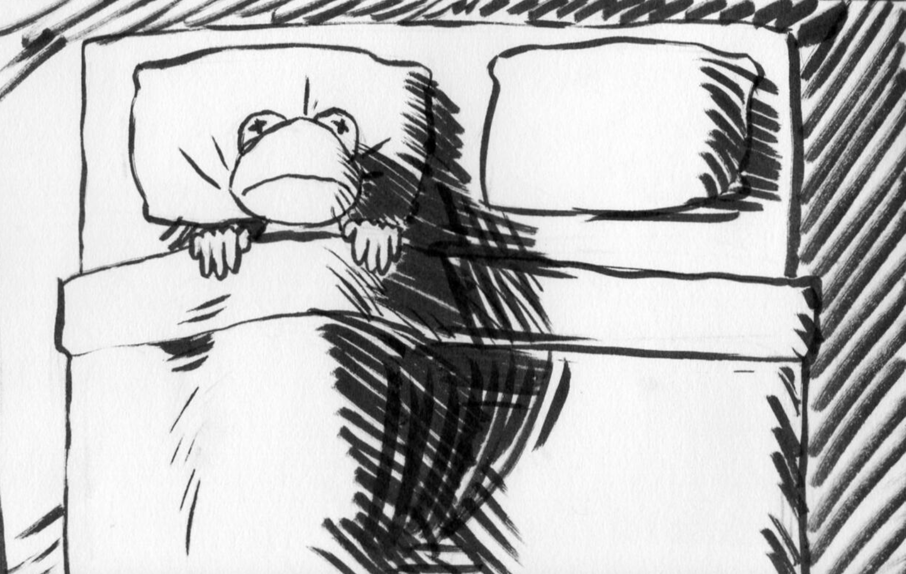 Rough illustration in black and white marker of Kermit the Frog lying in bed with his eyes open.