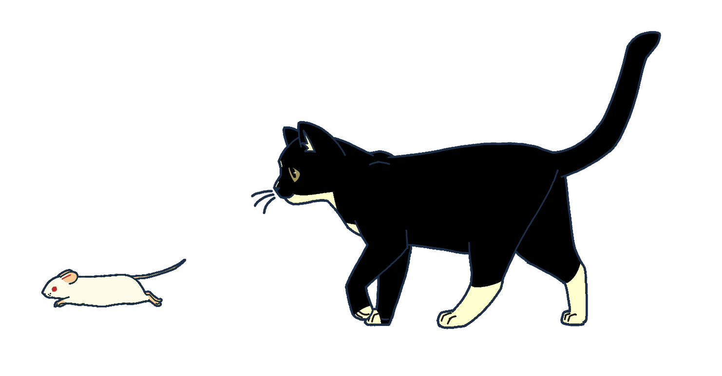 Animated gif of a cartoon mouse running from a tuxedo cat.